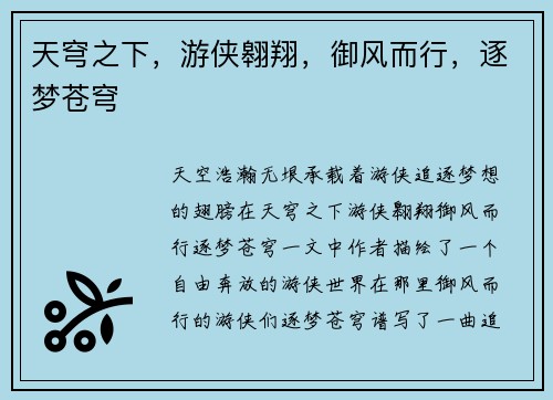 天穹之下，游侠翱翔，御风而行，逐梦苍穹