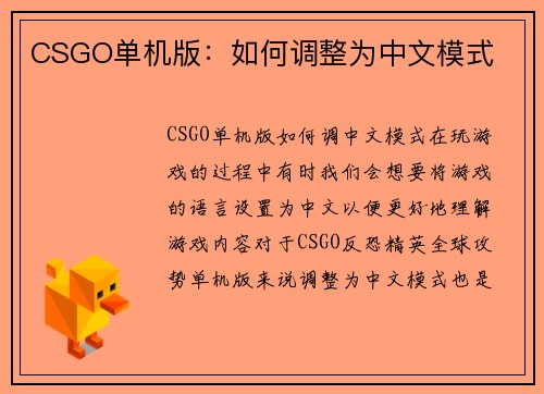 CSGO单机版：如何调整为中文模式