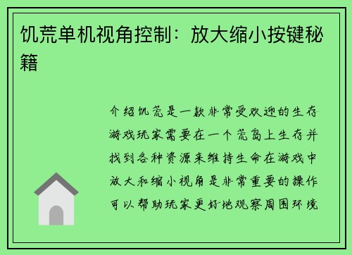 饥荒单机视角控制：放大缩小按键秘籍
